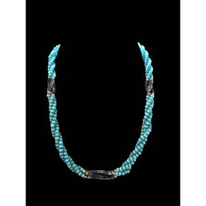 Women's Round Turquoise & Square Gun Metal Metallic Beaded Multi-Strand Necklace